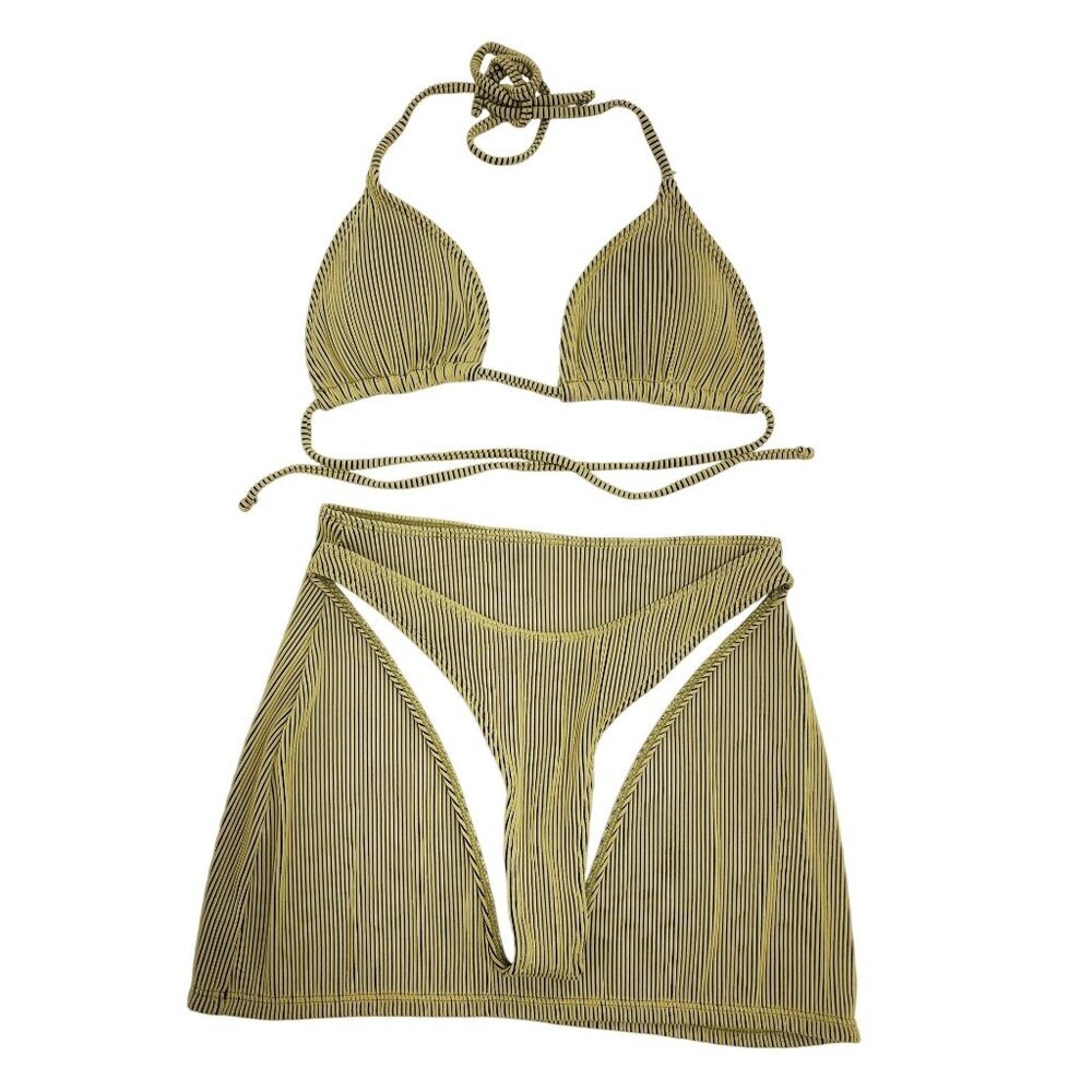 Striped Bikini Set With Triangle Swimsuit Top & Skirt Cover-Up Size M